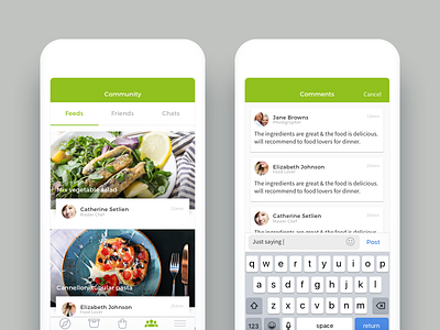Food Community beautiful chats comments community delivery food friends interface meal social top designs ui