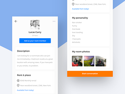 Roommate Profile blue clean minimal orange popular profile recent rent room roommate share user interface