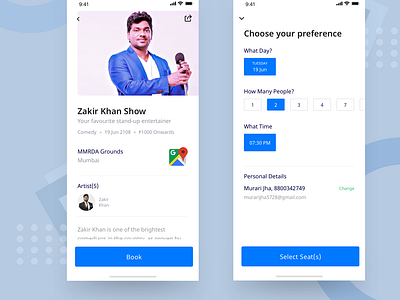 Event Detail & Preferences - Event Booking App booking clean entertainment event event app ios minimal mobile app seats synopsis ticket trending ui ux