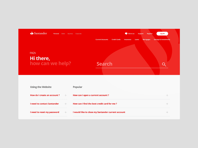 Santander FAQs Smart Search banking dashboad design fintech product design tech ui ux web website