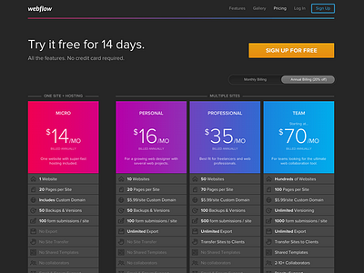 Webflow Pricing Page app baby blue blue dark gradient icons pink pricing purple web design website