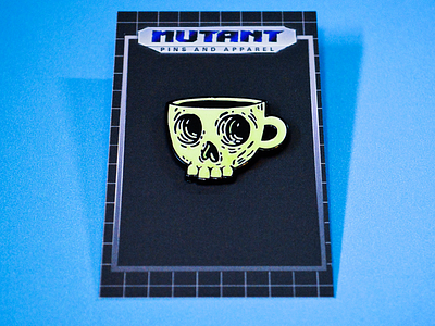 "Death before decaf" coffee enamel pin hand drawn illustration lapel pin mutant pins pin retro skull vector