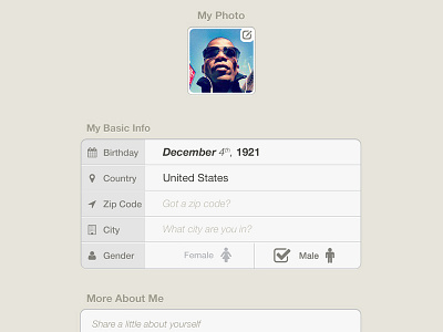 Edit Your Profile - iPad App edit profile gender icons ipad mobile form photo upload profile profile photo text fields ui