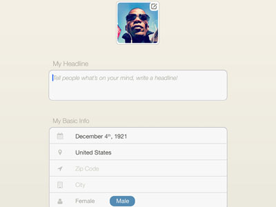 Edit Your Profile - iPad App (v2) edit profile gender icons ipad mobile form photo upload profile profile photo text fields ui