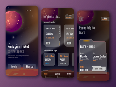 App to book inter planetary travel. app design ui
