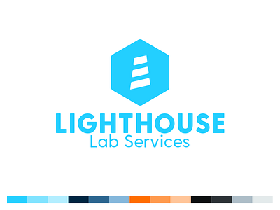 Lighthouse Lab Services Brand blue brand colors hexagon lighthouse logo orange science stripes