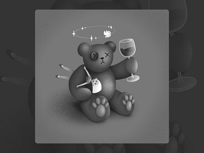 Inktober 2020 · day 19 · dizzy barbie bear black white black and white blackandwhite dizzy illustration inktober inktober2020 monochrome teddybear wine