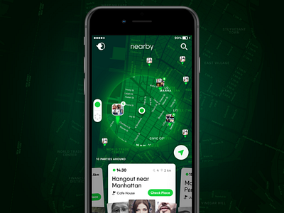 Turnout Mobile App app fab green hangout ios iphone map party ui ux