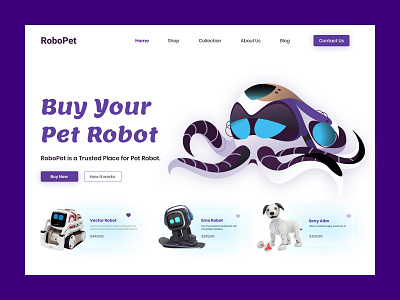 Pet Robot landing page design. aibo desc robot design dog emo landing page modern pet robot smart technology toy ui vector web