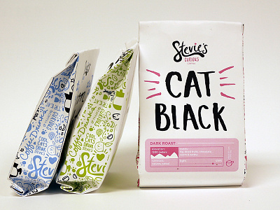 Stevie's Packaging blue brush lettering cat cats coffee coffee bag green hand lettering packaging pattern pink