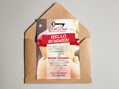 Hello Summer coupon envelope hello hello summer mailer marketing post card promotion red red door refer a friend summer