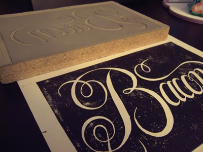 Makin' Bacon bacon hand drawn lettering linocut printmaking