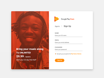 Play Music Sign Up app form google material play music registration sign in sign up ui ux web