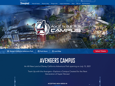 Avengers Campus page for Disney California Adventure avengers avengers campus design disney disney california adventure marvel product design ui ux