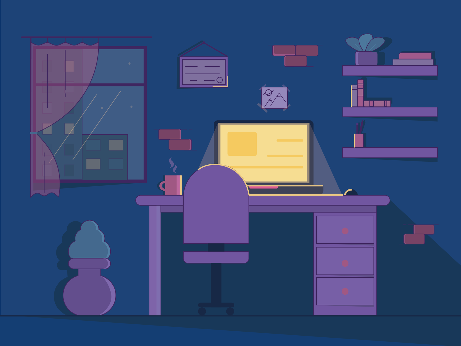 Work desk at night by Julia Puzyreva on Dribbble