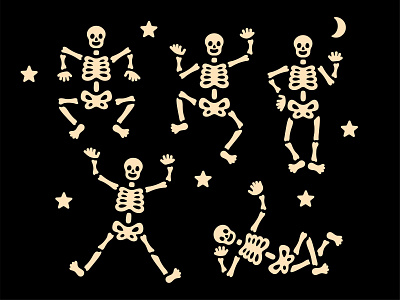 Dancing Skeletons with stars and moon art licensing dancing skeletons friendly skeletons halloween icons halloween illustrations illustration retro halloween skeleton illustration skeleton svg svg design y2k svg