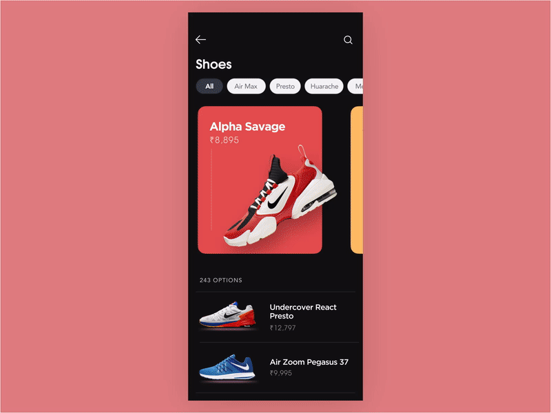 Parallax Card Swipe- Mobile UI Sneaker Store animation design motion graphics parallax swipe ux