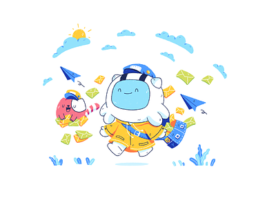 Postman Deliver Messages astronaut blue bright character cute fantasy illustration illustrator mail message messages monster playful post sunny yellow