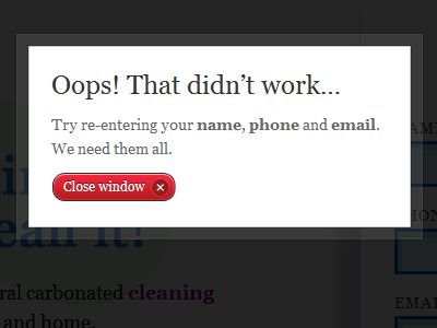 Oops! lightbox button close error gray lightbox message red