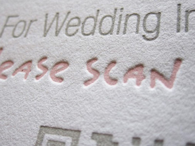 Wedding Invitation QR Code grey letterpress paper pink print qr code wedding invitation white