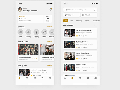 Barber app - home screen/search screen app barber barbershop design home home screen mobile mobile app mobile app design search search results ui ux