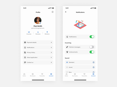 Learning platform - profile/notifications app design illustration mobile mobile app mobile app design notification profile screen ui ux