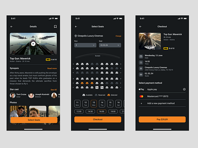 Cinemo - Details and Reservation app checkout cinema design logo mobile mobile app mobile app design movie movie app movie details reservation seats select seats ui ux