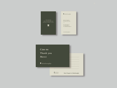 Skinlosophy branding business card cosmetics design graphic design green illustration logo olive green skincare stationery thank you card typography