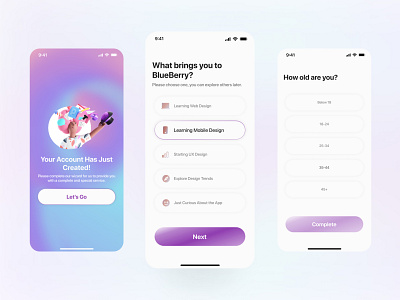 Personalization Wizard for BlueBerry 3d app design gradient illustrations minimal mobile mobile app mobile design onboarding personal personalization wizard ui ux