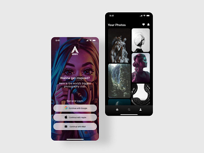 Archieve I Photograph Collection App black club community dark design gallery grid log in login logo minimal mobile mobile design onboarding photography sign up user interface ux