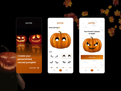 pump. app branding dark design gamification halloween home home page minimal mobile mobile design onboarding pumpkin ui user interface ux
