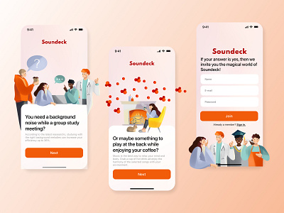 Soundeck I Music Explorer design illustration login minimal mobile mobile design music onboarding people player podcast sign in signup ui user interface ux
