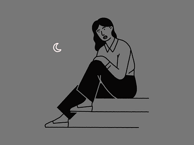 Mood black and white illustration characters line illustration moon sitting squiggly line illustration stairs woman