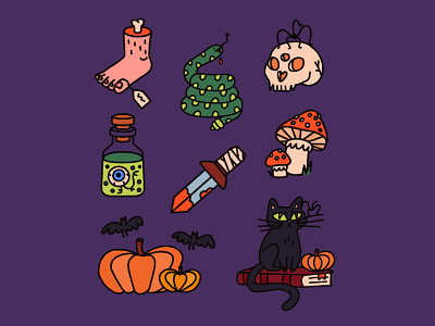 Spooky things autumn bats black cat foot halloween knife mushroom pumpkin skull spookey sticker