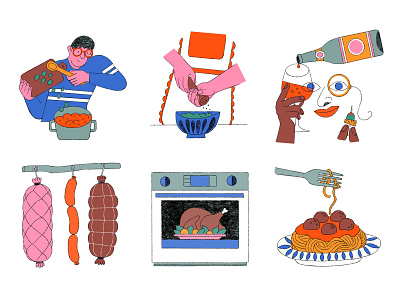 🍝🍷🍕 app illustration brand illustration character colourful illustration cooking food illustration hand drawn line illustration pasta pencil illustration product illustration sausage simple style illustration spot illustration ui illustration wine