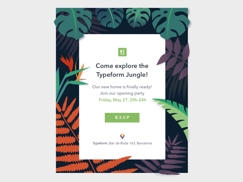 Opening Party Invitation green flower party typeform leaves jungle flora invitation