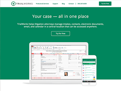 Trialworks Marketing Site green landing legal litigation marketing redesign trialworks