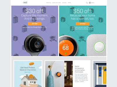 Nest Home Page with Promotions black friday camera co2 detector discount homepage design nest promotion responsive smart home smoke thanksgiving thermostat web design