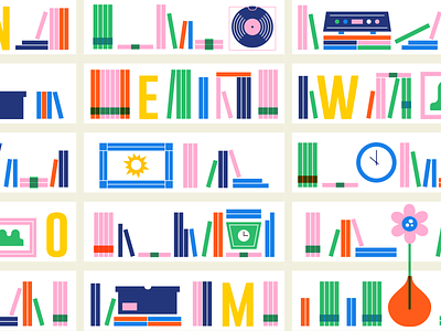 Shelfie! blue books clock colour digital illustration illustrator junk lettering pink shelves sun type vector wip work in progress
