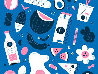 Groceries apple blue color colour design fish flowers food illustration illustrator milk pasta pattern pink pizza shopping