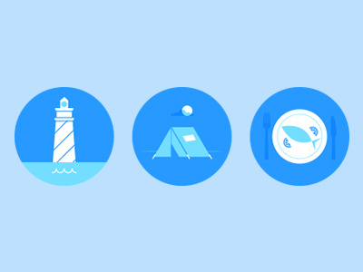 Icons blue fish iconography icons illustration lighthouse plate tent water white