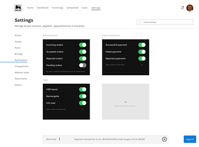 Settings page for a restaurant management Web app. branding daily design figma landing management restaurant settings settingspage ui ux webapp website