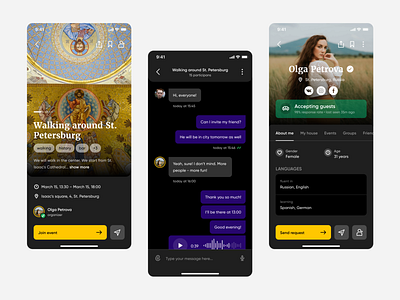 Couchsurfing app redesign concept app app design chat couchsurfing dark ui design event event app language messages photo profile request ui ux