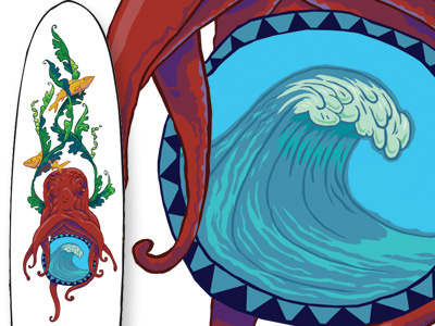 Surfboard laminate design art design illustration josh hoye octopus surf surfboard surfing wave