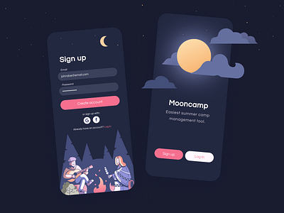 Mooncamp app ⛺ Sign up screen app camp create account daily 100 challenge daily ui daily001 dailyuichallenge dark illustration inputs iphone 11 login minimal moon night sign up sign up app signup ui welcome page