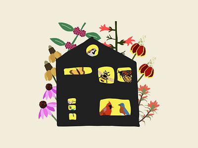 Native Plant House Party adobe illustrator bees birds butterflies floral gardening illustration native plants party pollinator garden pollinators
