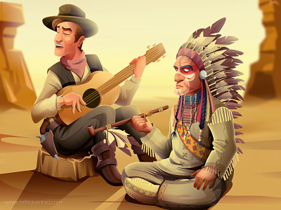 Once Upon a Time in the West! charachter design cowboy guitar palyer illustration native american singer western