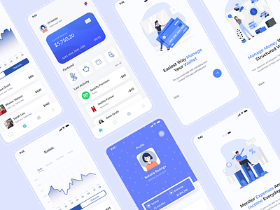 E - Wallet Mobile App app blue design figma graph graphic design grid grid design illustration money onboard ui ux wallet