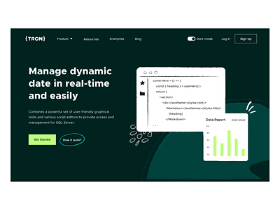 Real-time data manager tool landing page first fold concept