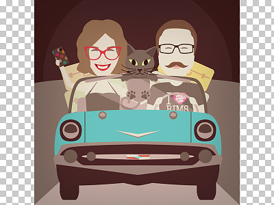 Family portrait Ana & Janez (and the cat) car character family gift portrait retro vector